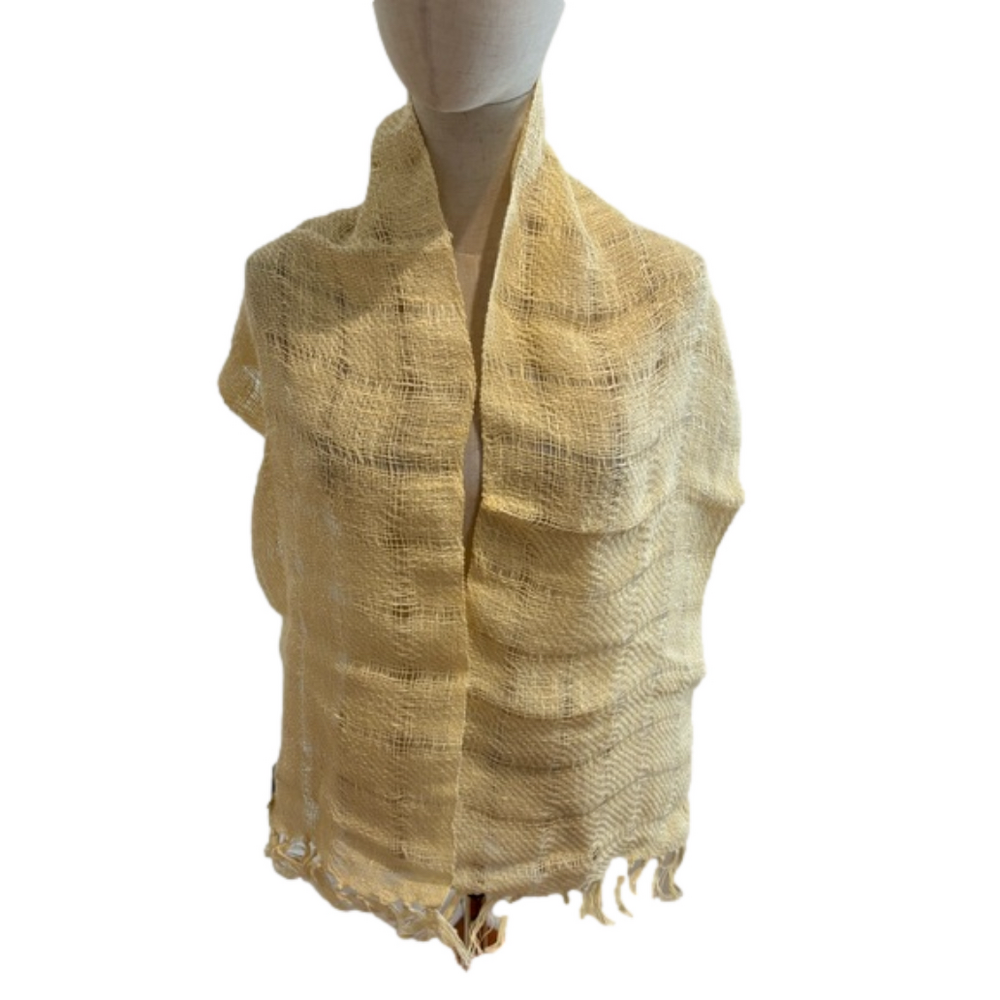 70s IRISH HANDMADE ORGANIC LINEN & COTTON HELENA RUUTH WOVEN CREAM SHAWL SCARF